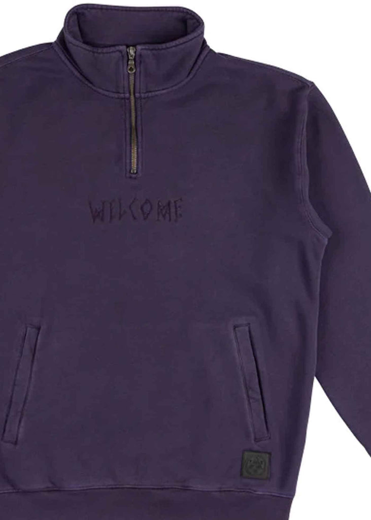 Welcome Scrawl Mock 1/4 Zip Sweater Eggplant  Welcome   