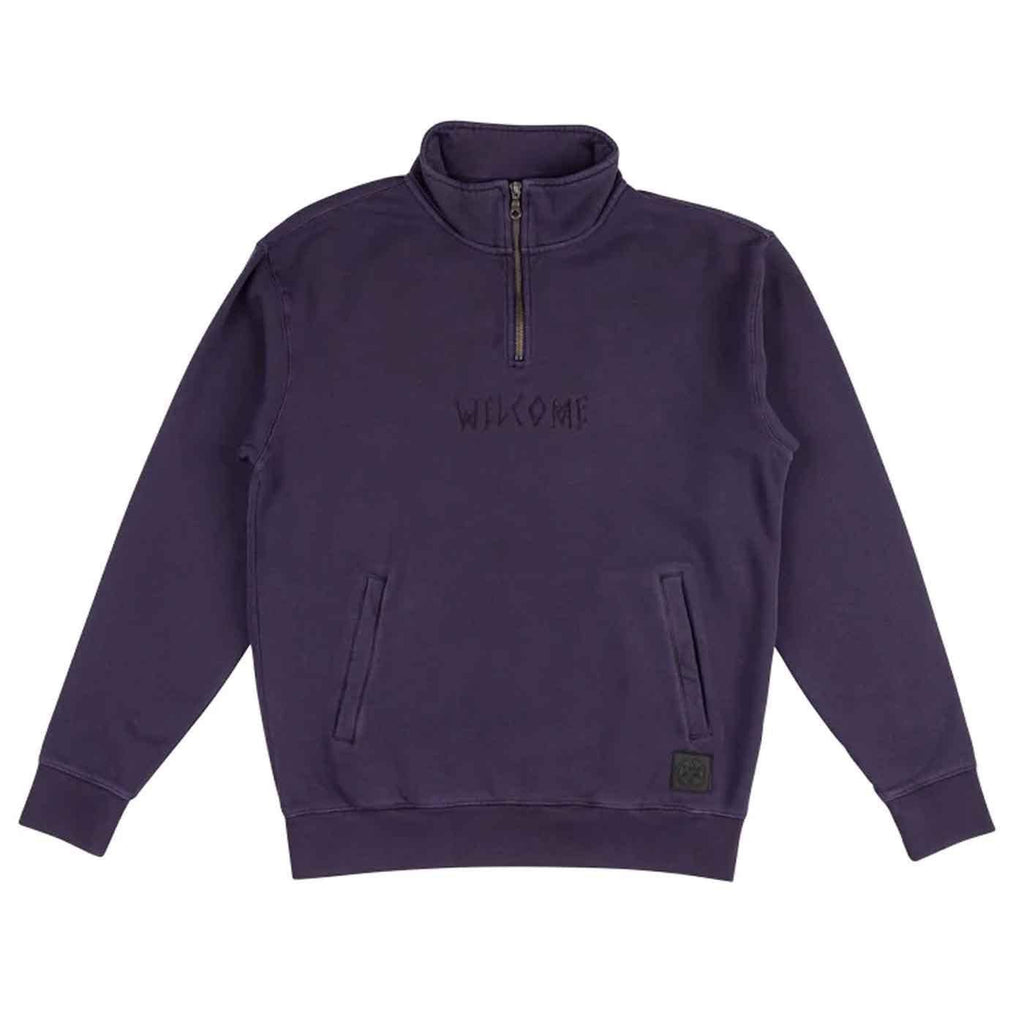 Welcome Scrawl Mock 1/4 Zip Sweater Eggplant  Welcome   